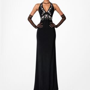 Vintage Y2K Black Floral Beaded Knit Bodycon Cocktail Maxi Prom Dress Size M